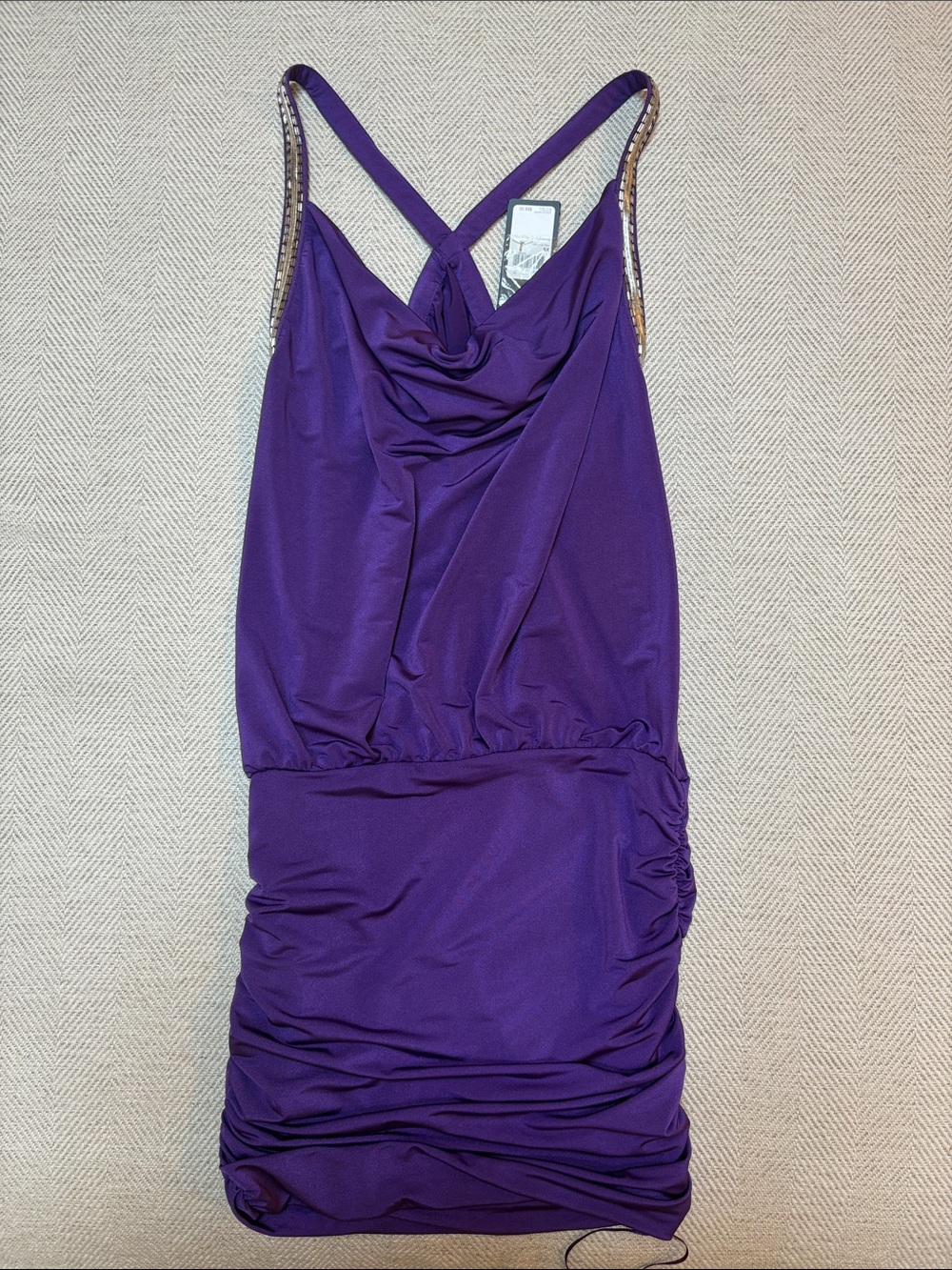 Guess Purple Cowl-Neck Mini Dress with Ruched Skirt